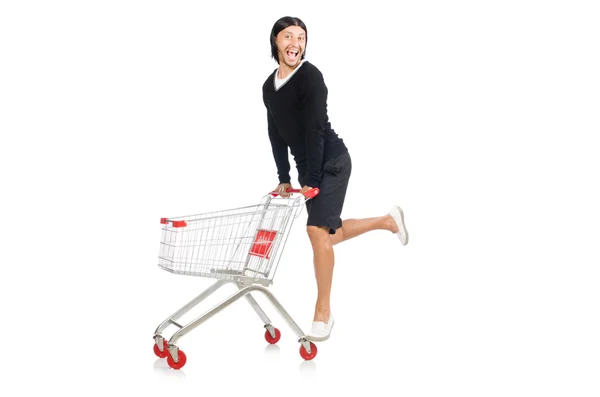 Muž nakupování s košíkem supermarket izolované na bílém — Stock fotografie