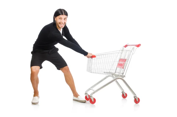 Uomo shopping con carrello supermercato isolato su bianco — Foto Stock