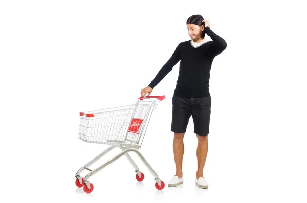 Homem de compras com carrinho de cesta de supermercado isolado em branco — Fotografia de Stock