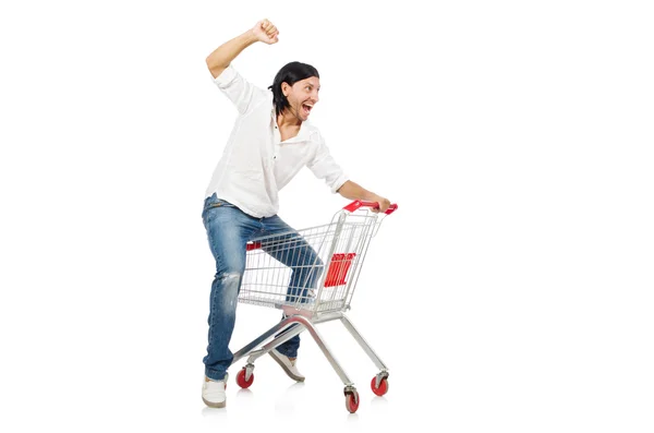 Uomo shopping con carrello supermercato isolato su bianco — Foto Stock