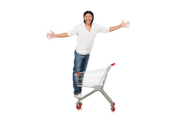 Uomo shopping con carrello supermercato isolato su bianco — Foto Stock