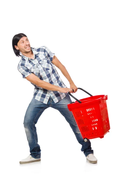 Man shopping with supermarket basket cart isolated on white — Stock Photo, Image