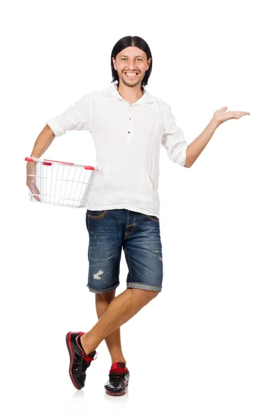 Hombre de compras con carrito cesta de supermercado aislado en blanco — Foto de Stock