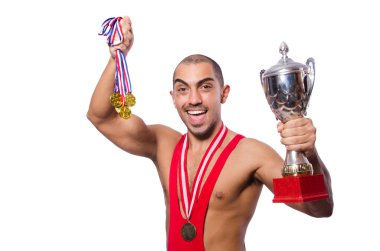 Beyaz arka plan üzerinde izole Kırmızı elbiseli güreşçi