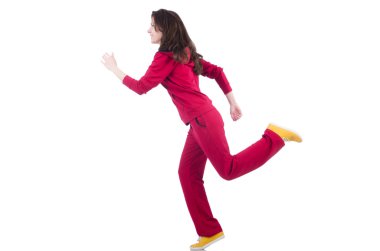 Kırmızı kostümlü beyaz yapıyor kadın