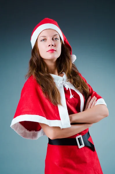 Sníh santa girl v červeným kostýmu — Stock fotografie