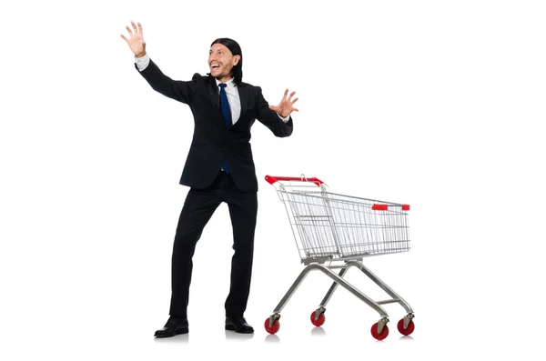Homem de compras com carrinho de cesta de supermercado isolado em branco — Fotografia de Stock
