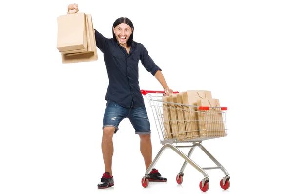 Uomo shopping con carrello supermercato isolato su bianco — Foto Stock