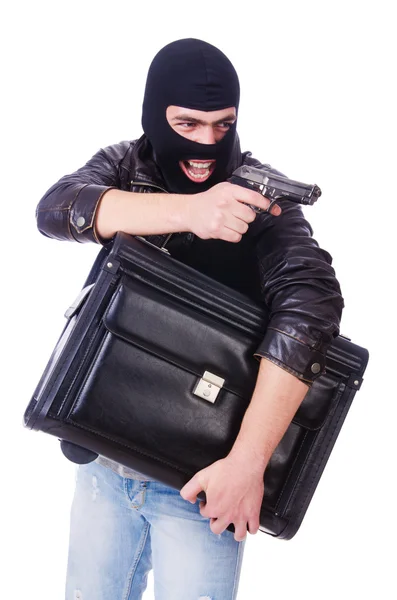 Robber with stolen suitcase and gun — Stock Photo, Image