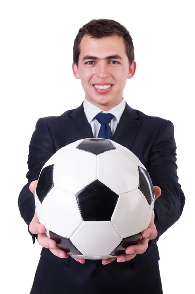 Hombre divertido con fútbol aislado en blanco — Foto de Stock