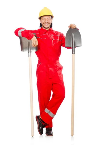 Man in red coveralls with spade — Stock Photo, Image