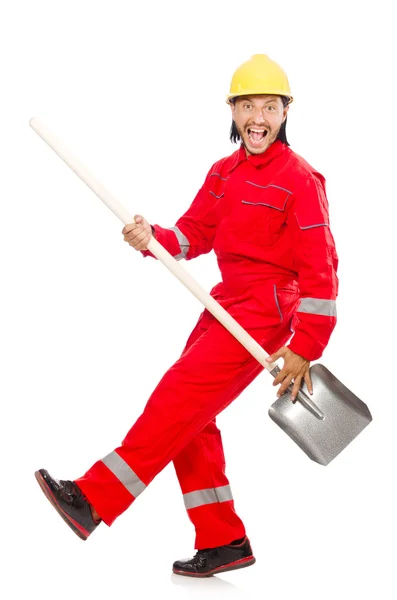 Hombre en mono rojo con pala — Foto de Stock