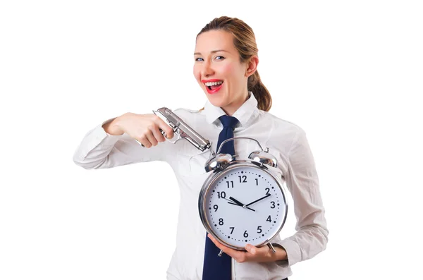 Femme avec horloge tuant le temps — Photo