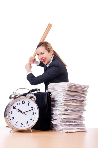 Angry woman with baseball bat under stress missing deadline — Stock Photo, Image