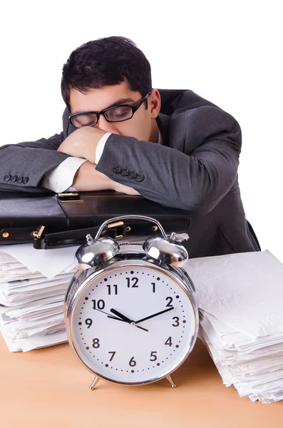 Busy man with stack of papers isolated on white — Stock Photo, Image