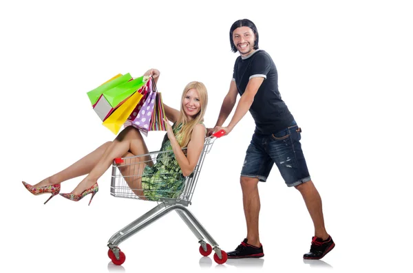 Happy family pair of wife and husband after shopping — Stock Photo, Image