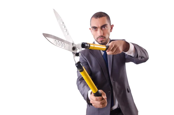 Homem com tesouras no conceito de corte de emprego — Fotografia de Stock