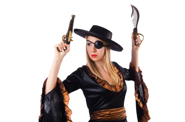 Donna in costume da pirata isolato su bianco — Foto Stock