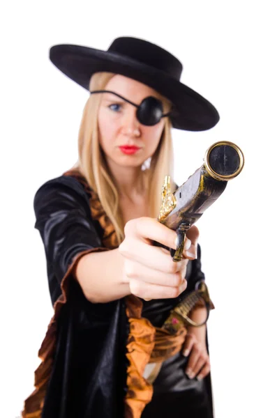 Vrouw in piratenkostuum geïsoleerd op wit — Stockfoto