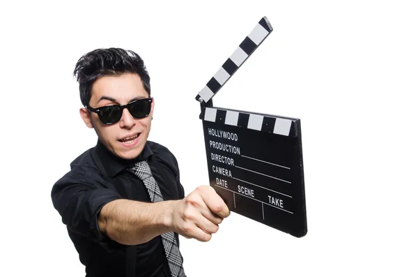 Hombre con película clapperboard y sombrero —  Fotos de Stock