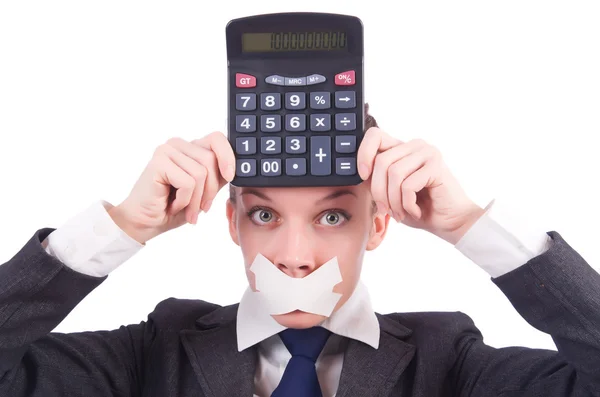 Mujer con calculadora en concepto de fraude aislado en blanco — Foto de Stock