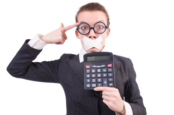 Woman with calculator in fraud concept isolated on white — Stock Photo, Image