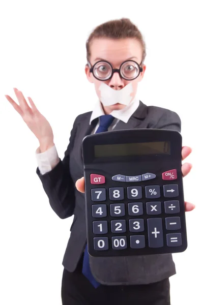 Vrouw met rekenmachine in fraude concept geïsoleerd op wit — Stockfoto