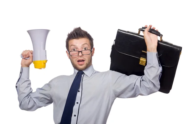 Young businessman with loudspeaker on white — Stock Photo, Image