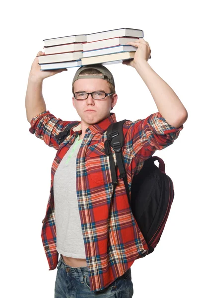 Studente divertente con pila di libri — Foto Stock