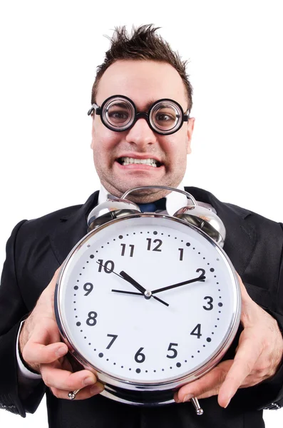 Man with alarm clock isolated on white — Stock Photo, Image