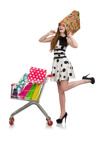 Mulher depois de fazer compras no supermercado isolado em branco — Fotografia de Stock