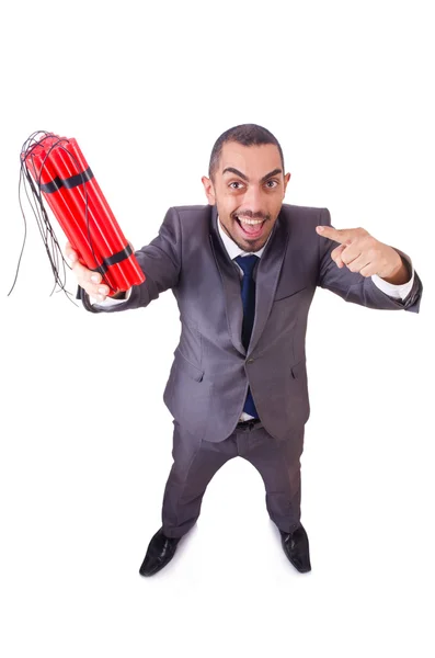 Homem com bastão de dinamite isolado em branco — Fotografia de Stock