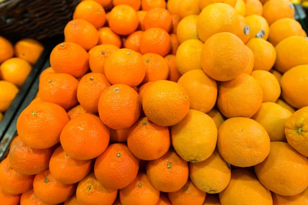 Zitrusfrüchte am Supermarkt-Stand — Stockfoto