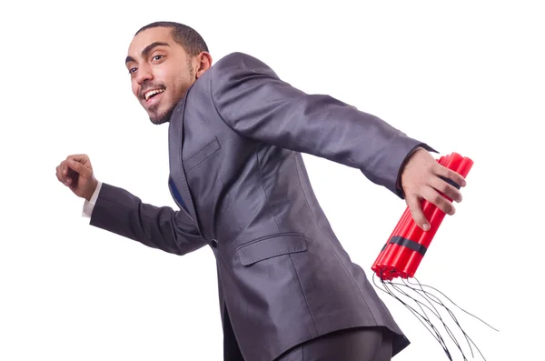 Man with dynamite stick isolated on white — Stock Photo, Image