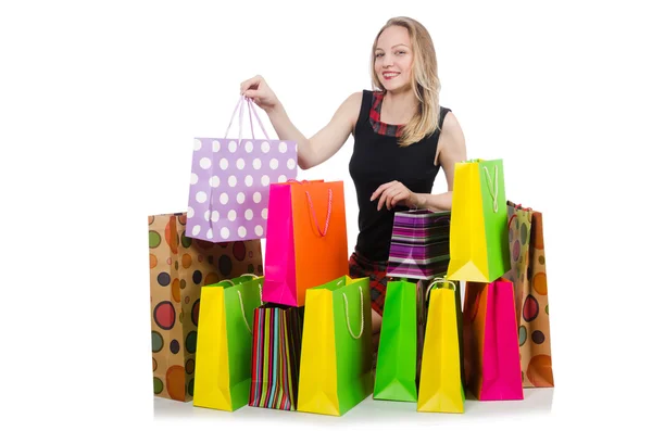 Jovem mulher depois de fazer compras isolado no branco — Fotografia de Stock