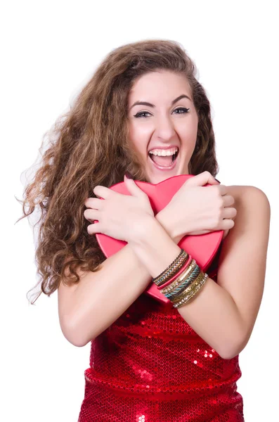 Woman in red dress with christmas gifts — Stock Photo, Image