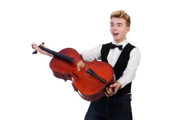 Uomo divertente con violino su bianco — Foto Stock