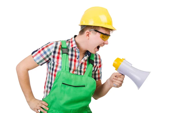 Funny trabajador de la construcción con altavoz en blanco — Foto de Stock