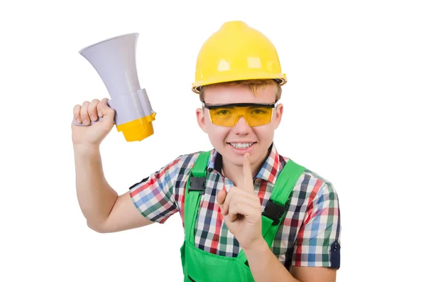 Funny construction worker with loudspeaker on white — Stock Photo, Image