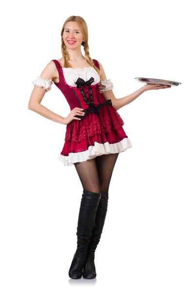 Young waitress with tray on white — Stock Photo, Image