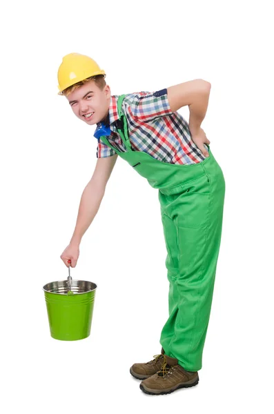 Funny painter with bucket isolated on white — Stock Photo, Image