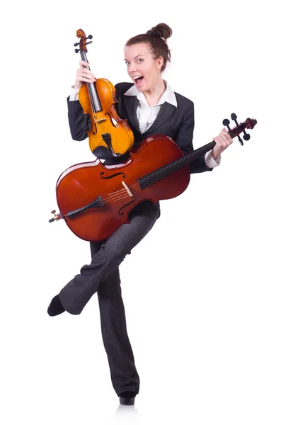 Mujer divertida tocando el violín aislado en el blanco —  Fotos de Stock