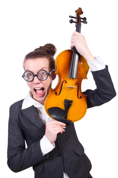 Donna divertente suonare il violino isolato sul bianco — Foto Stock