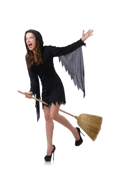 Woman with broom on white — Stock Photo, Image