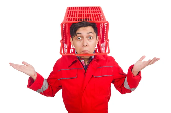 Man in red coveralls with shopping supermarket cart trolley — Stock Photo, Image