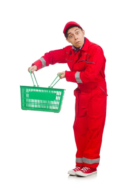 Man in red coveralls with shopping supermarket cart trolley — Stock Photo, Image