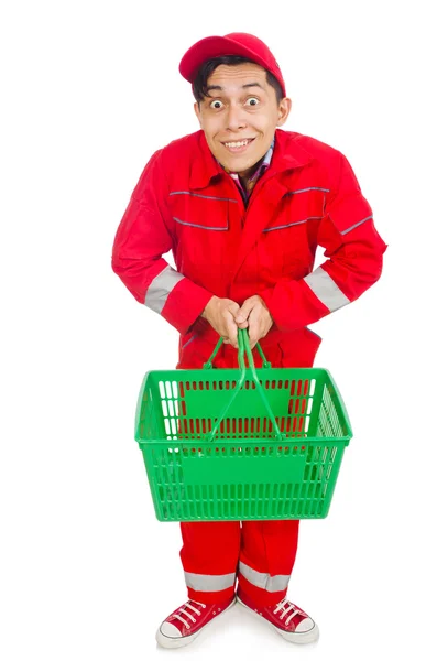 Man in red coveralls with shopping supermarket cart trolley — Stock Photo, Image