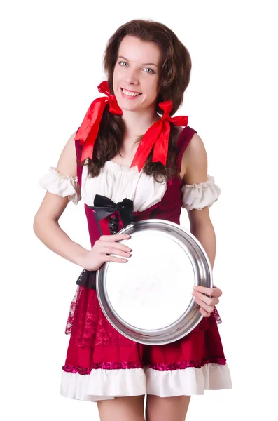 Young waitress with tray on white — Stock Photo, Image