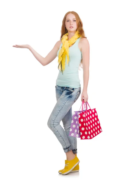 Mulher no conceito de compras isolado no branco — Fotografia de Stock
