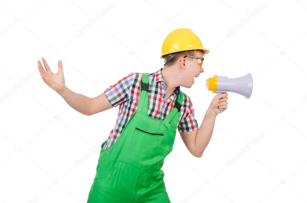 Funny construction worker with loudspeaker on white